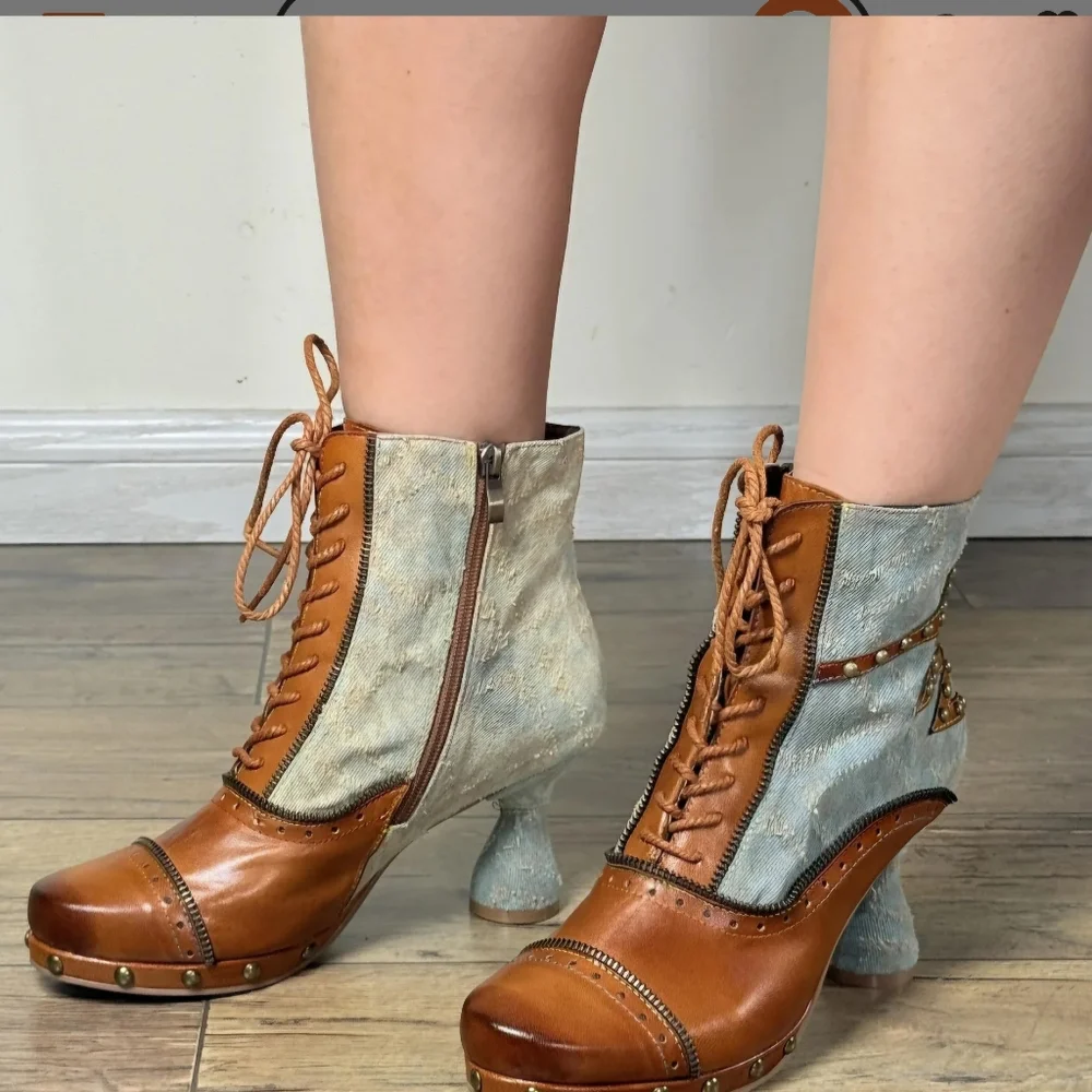 Steampunk Leather and Denim Ankle Boots with Zipper and Stud Details - Size 40
